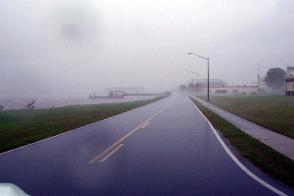Looking down the road during a squal from Isidore